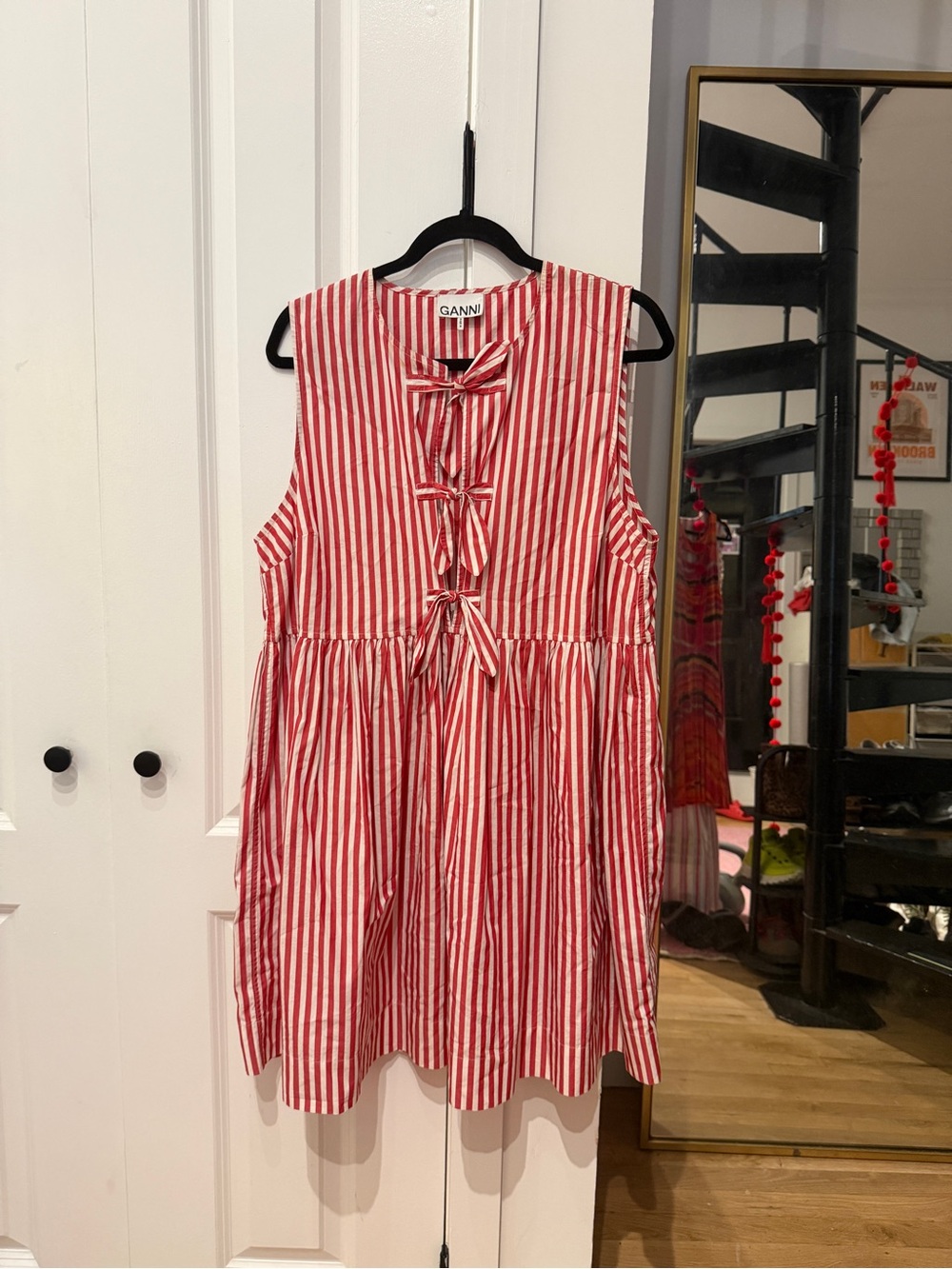 Ganni Red & White Striped Tie-front Dress